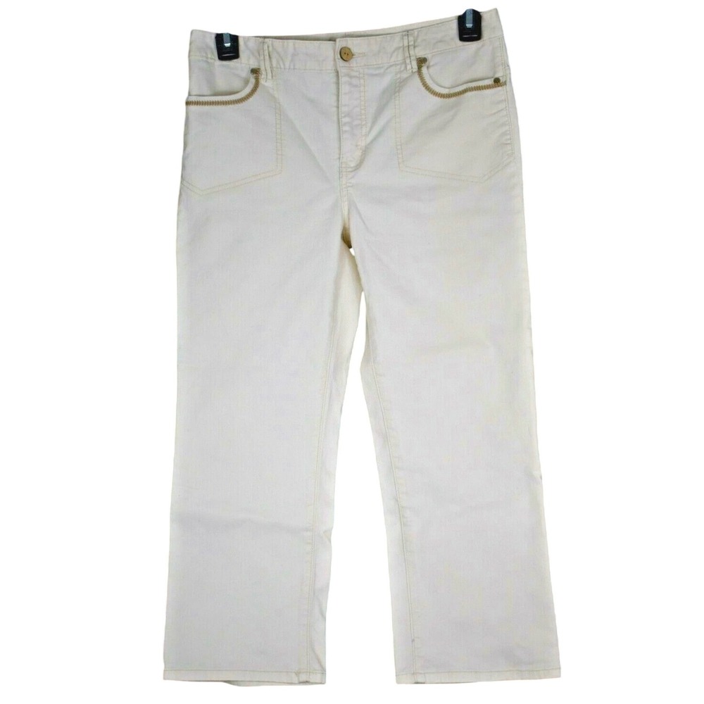 Nautica Cropped Pants Womens 8 Off White Gold Embroidery Straight Leg Stretch